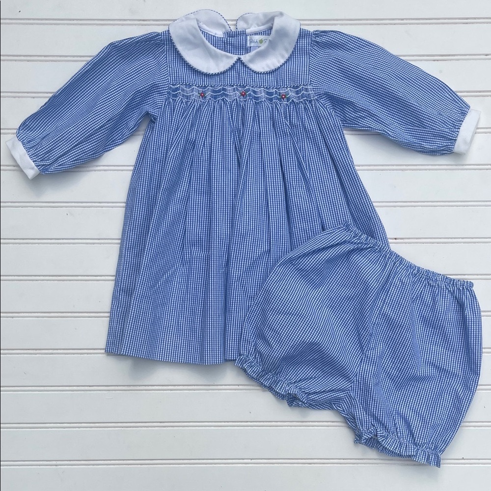 PETIT POMME EUC Classic Smocked Gingham Long Sleeve Dress Bloomer Set